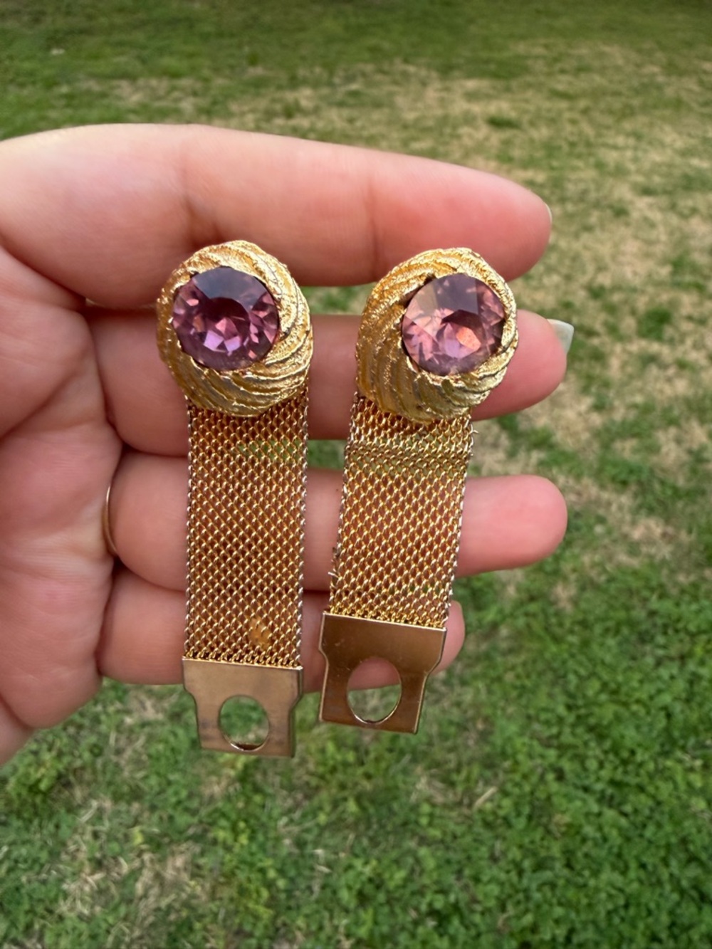 Vintage Gold-Tone Nugget With Purple Stones and Mesh Drop